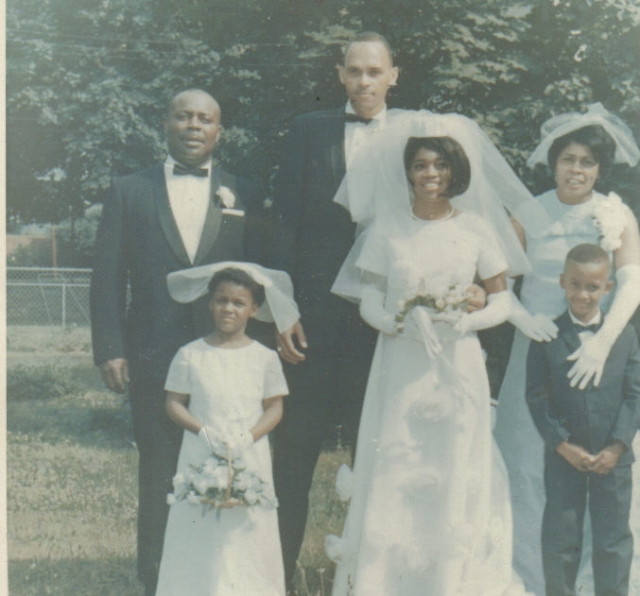 Mary E. Cooke Bryant (1943-1994) wedding party: Robert Sr, Karen , Joe, Mary E., Margaret & Robert III Tre - daughter of Robert Boot Bryant, granddaughter of George Bryant